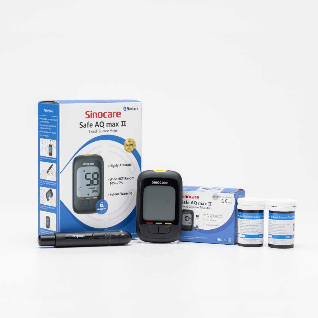 Glucometro cajas tiras y lapiz Safe AQ Max II Qardiabetes